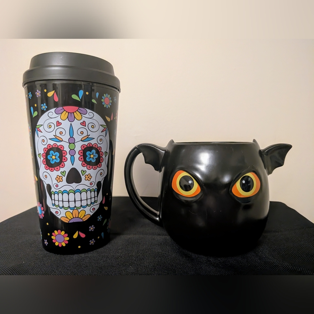 Day Of The Dead 16.5oz Travel Mug With Lid & 100% Stonewear 16oz Bat Mug